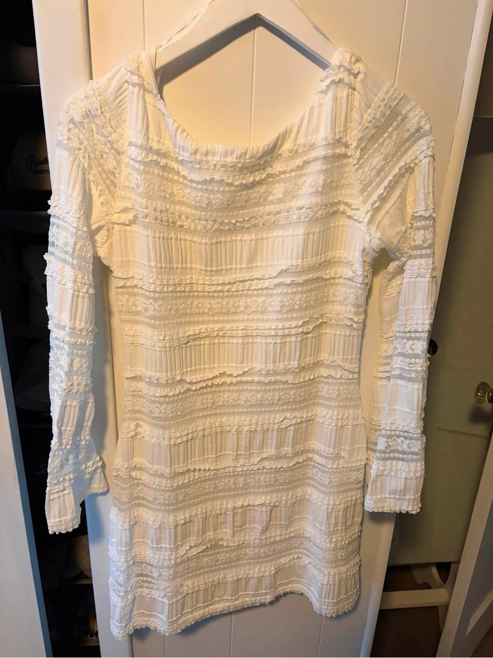 Women's White Textured Long Sleeve Dress